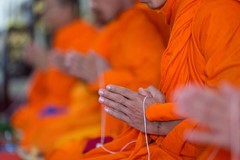 hands of Buddhist monks in orange robes praying
