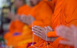 hands of Buddhist monks in orange robes praying